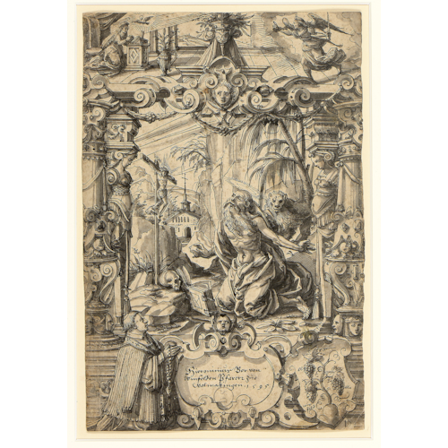 Design for a Stained-Glass Window: Saint Jerome in the Desert with the Annunciation Above, and a Kneeling Donor and a Coat of Arms Below